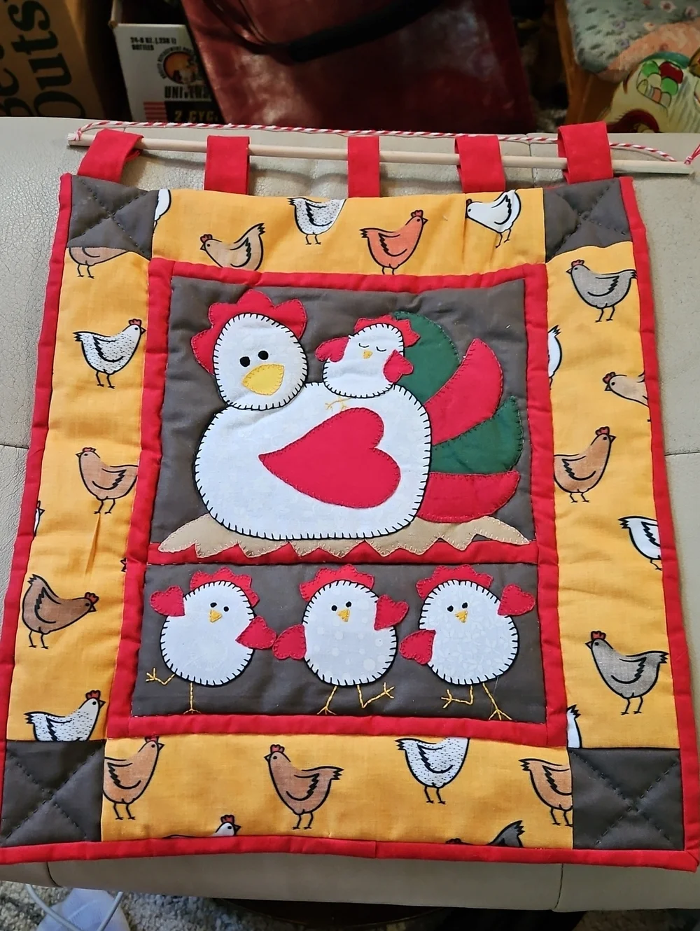 Handmade Yellow & Red Chicken Wall Hanging Quilt - Farmhouse Decor